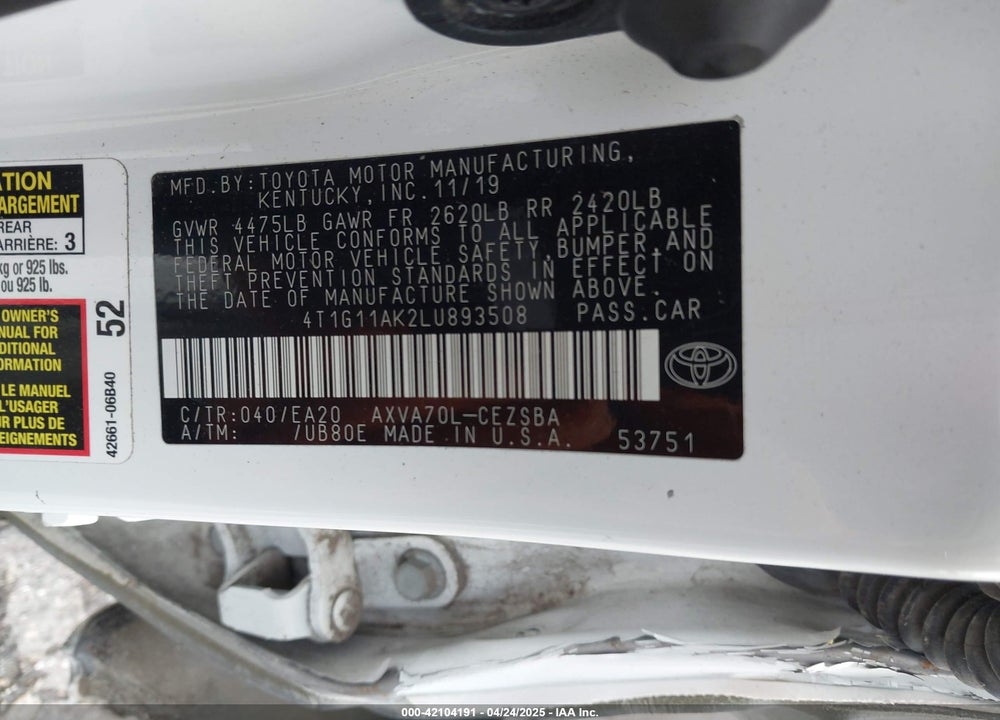2020 TOYOTA CAMRY SE VIN: 4T1G11AK2LU893508
