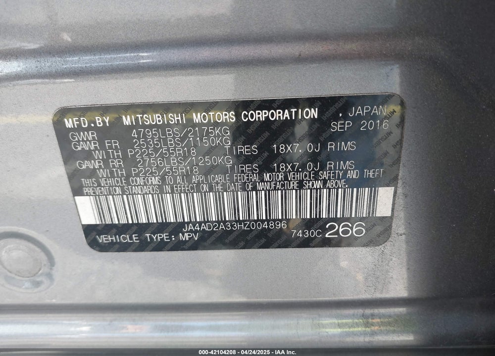 2017 MITSUBISHI OUTLANDER VIN: JA4AD2A33HZ004896