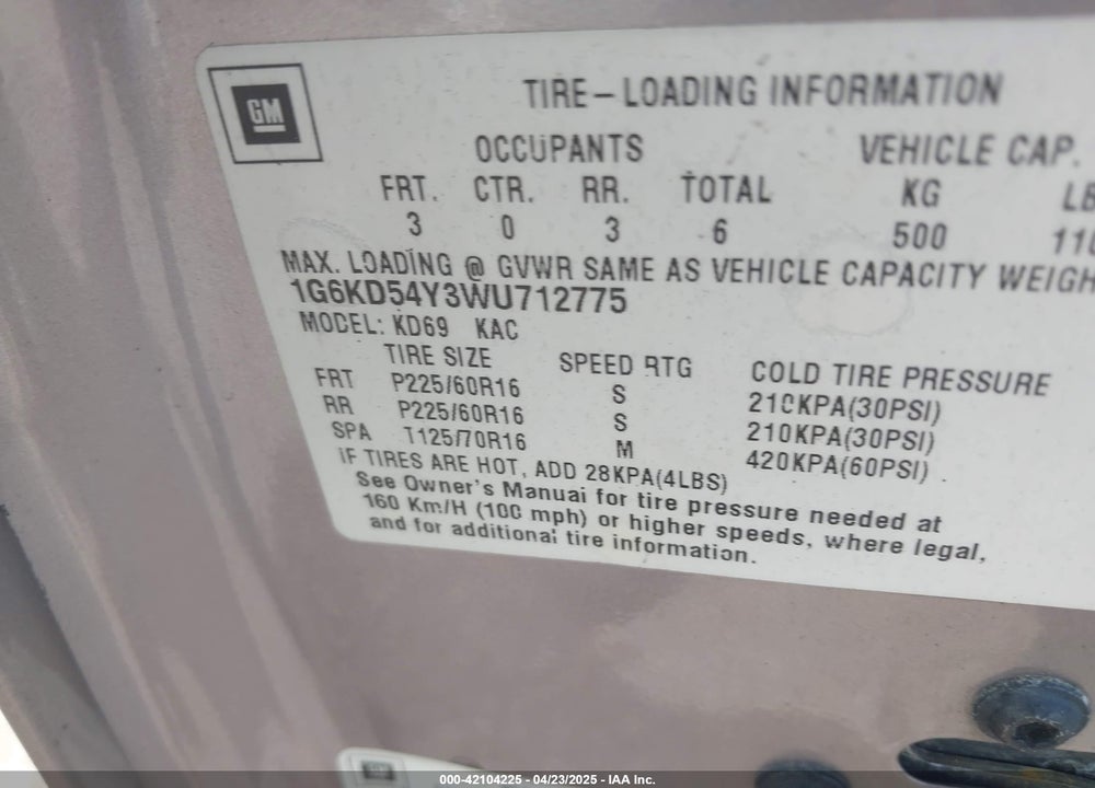 1998 CADILLAC DEVILLE STANDARD VIN: 1G6KD54Y3WU712775