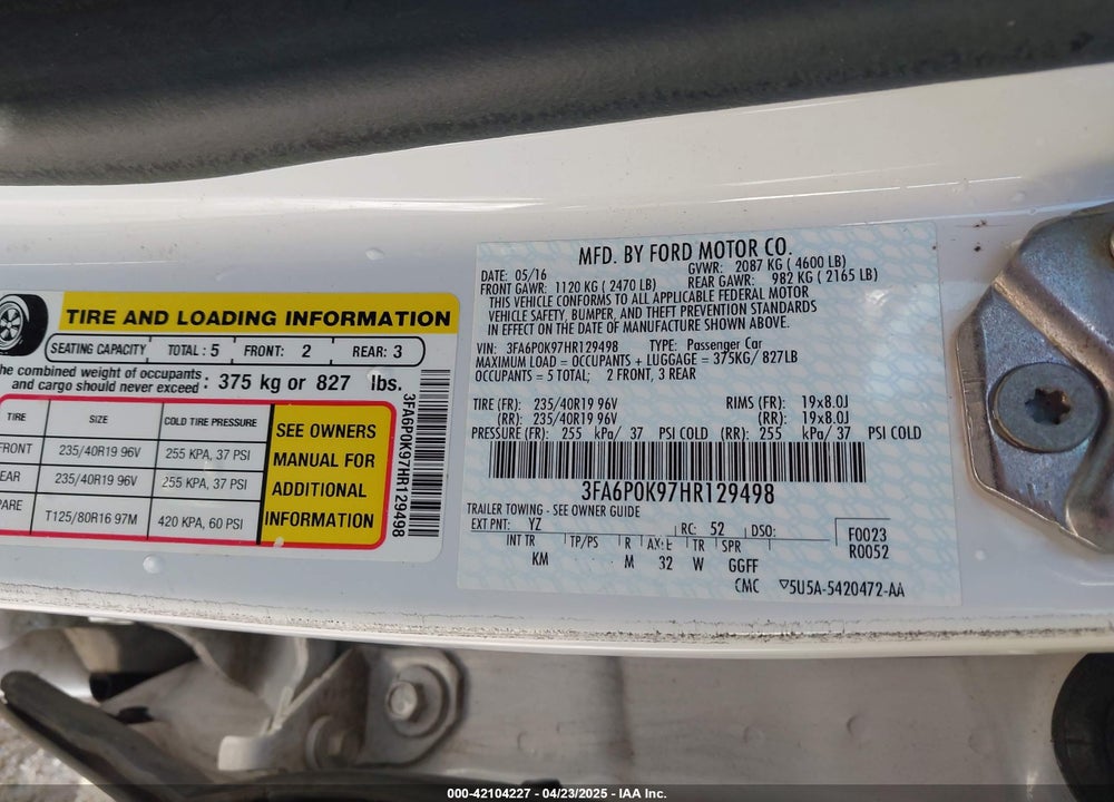 2017 FORD FUSION VIN: 3FA6P0K97HR129498