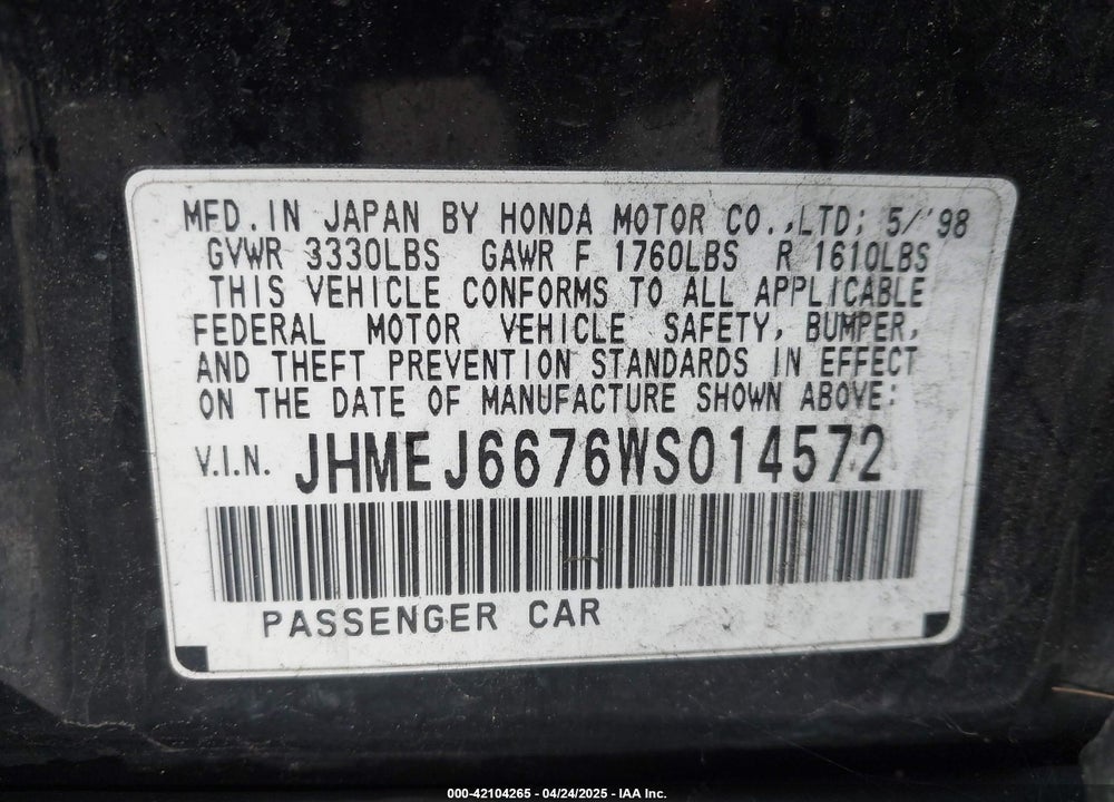 1998 HONDA CIVIC LX VIN: JHMEJ6676WS014572