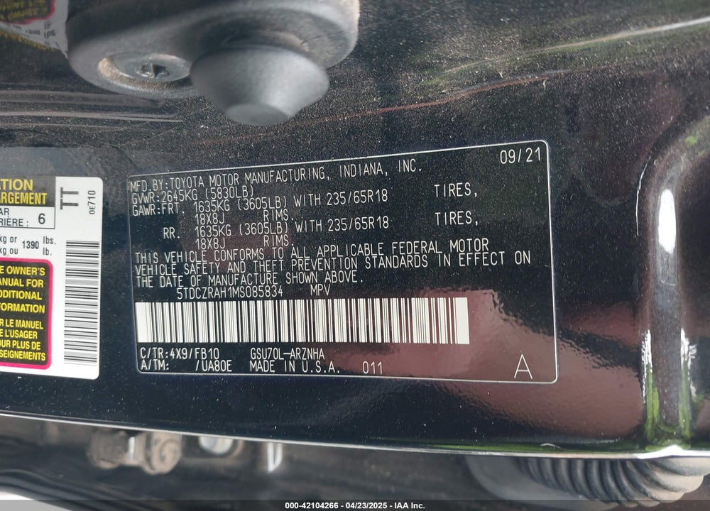2021 TOYOTA HIGHLANDER L VIN: 5TDCZRAH1MS085834