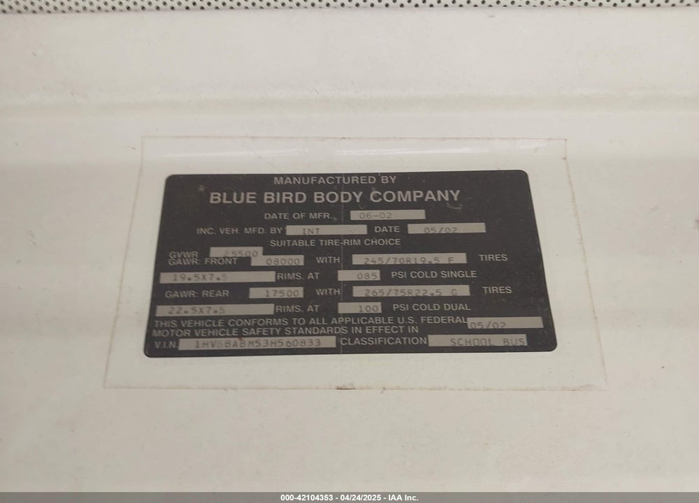 2003 INTERNATIONAL 3000 3800 VIN: 1HVBBABM53H560833