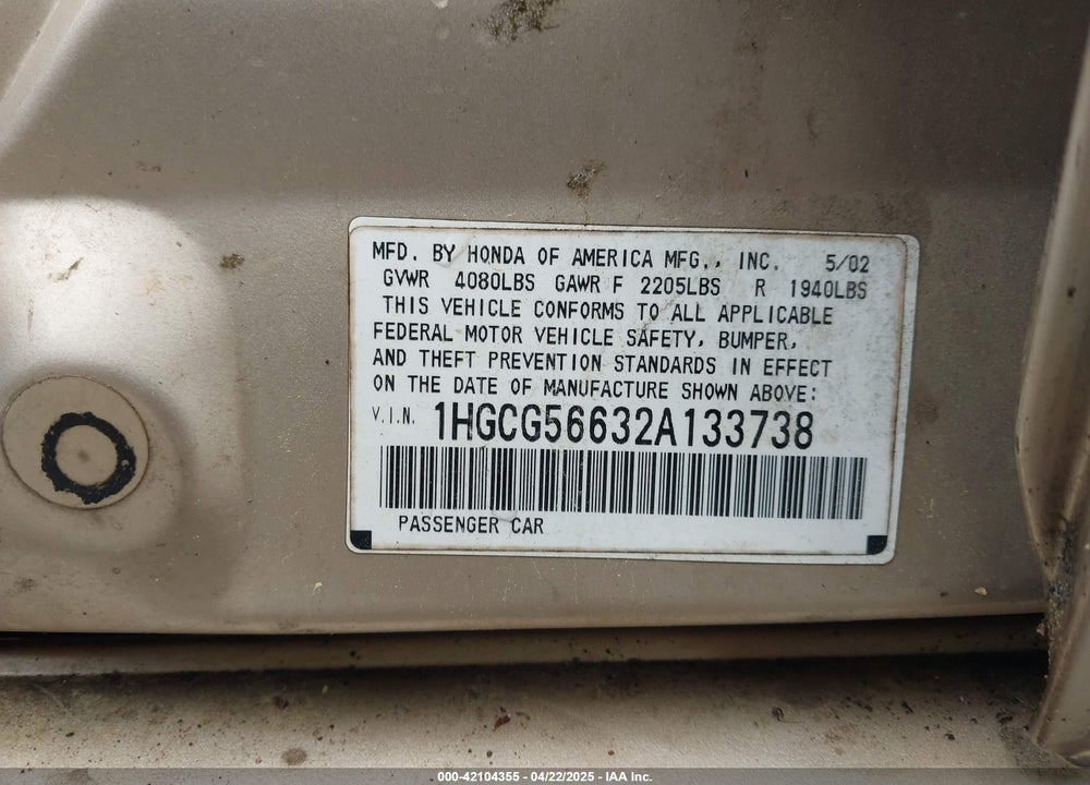 2002 HONDA ACCORD 2.3 EX VIN: 1HGCG56632A133738