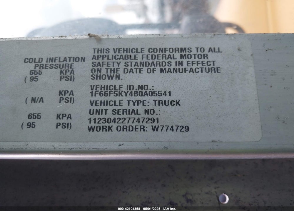 2011 FORD F-59 COMMERCIAL STRIPPED VIN: 1F66F5KY4B0A05541
