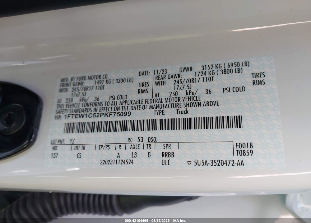 2023 FORD F-150 VIN: 1FTEW1C52PKF75099