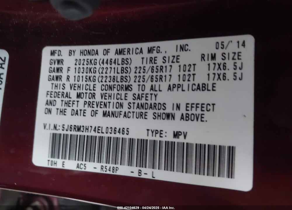 2014 HONDA CR-V VIN: 5J6RM3H74EL036465