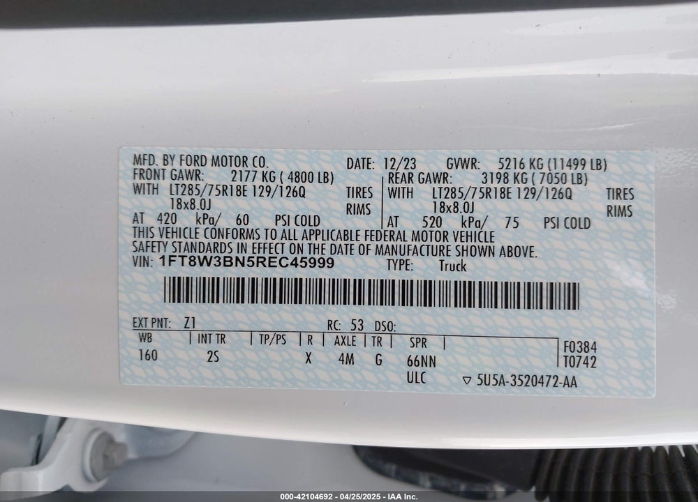 2024 FORD F-350 XLT VIN: 1FT8W3BN5REC45999