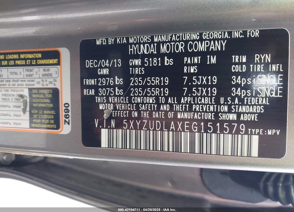 2014 HYUNDAI SANTA FE SPORT VIN: 5XYZUDLAXEG151579