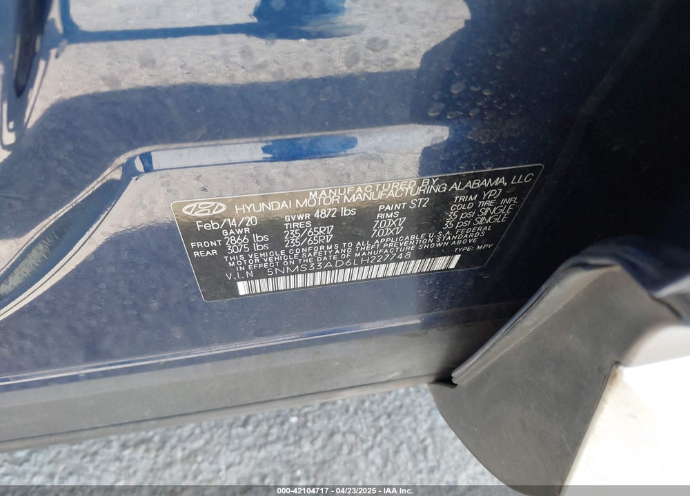 2020 HYUNDAI SANTA FE VIN: 5NMS33AD6LH227748
