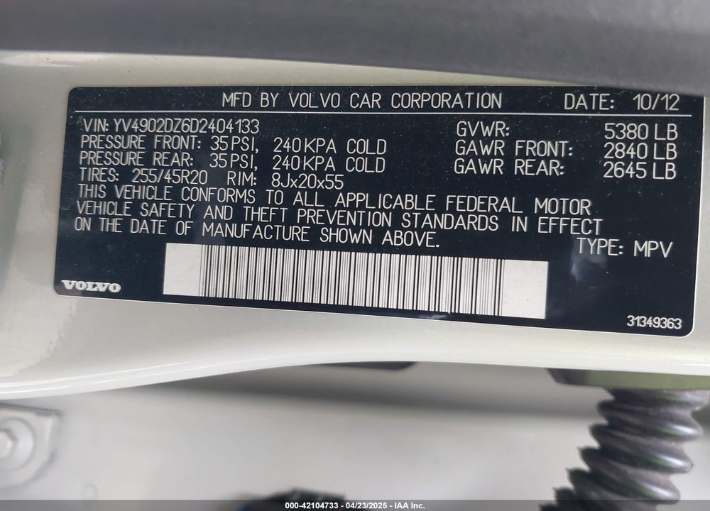 2013 VOLVO XC60 VIN: YV4902DZ6D2404133