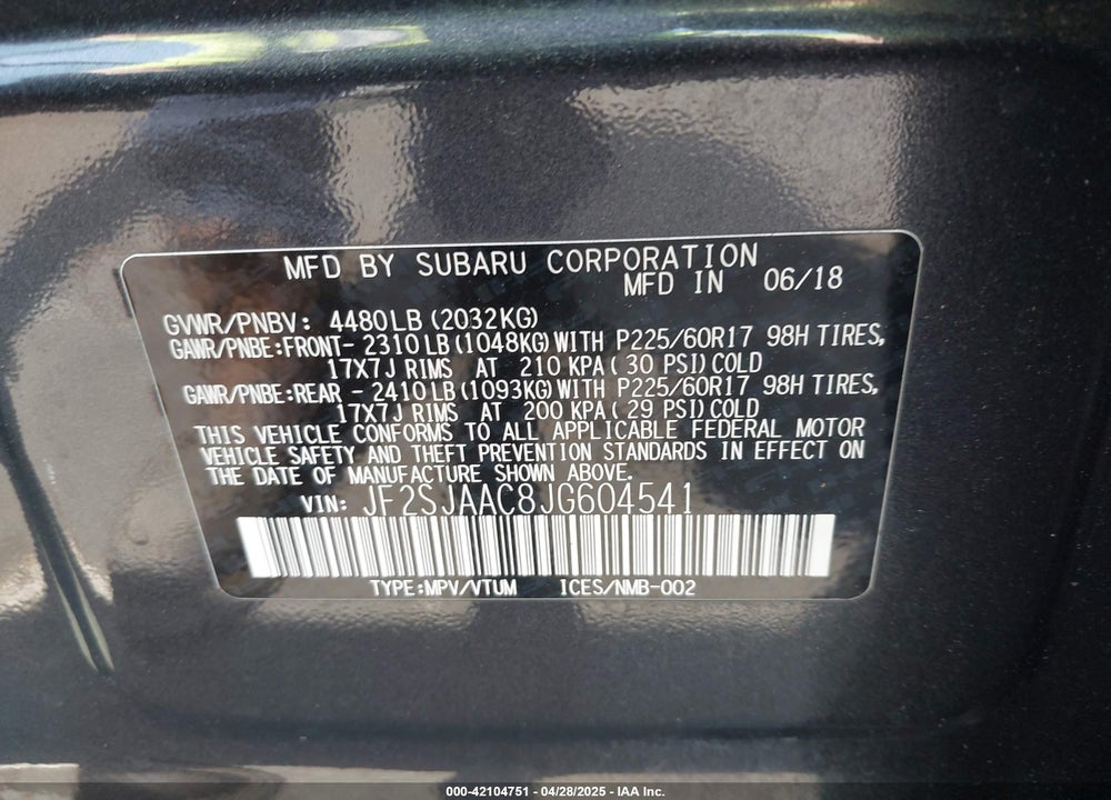 2018 SUBARU FORESTER 2.5I VIN: JF2SJAAC8JG604541