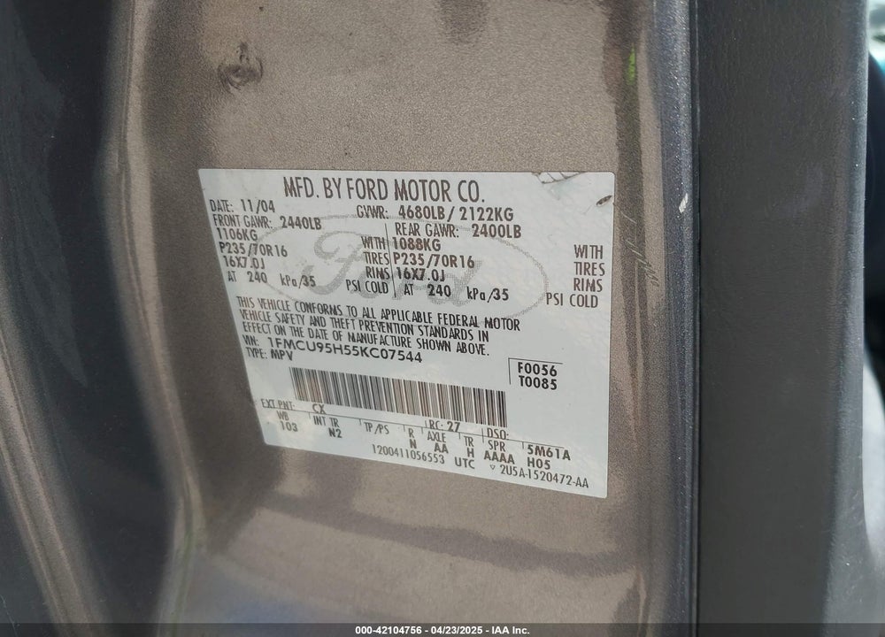 2005 FORD ESCAPE HYBRID VIN: 1FMCU95H55KC07544