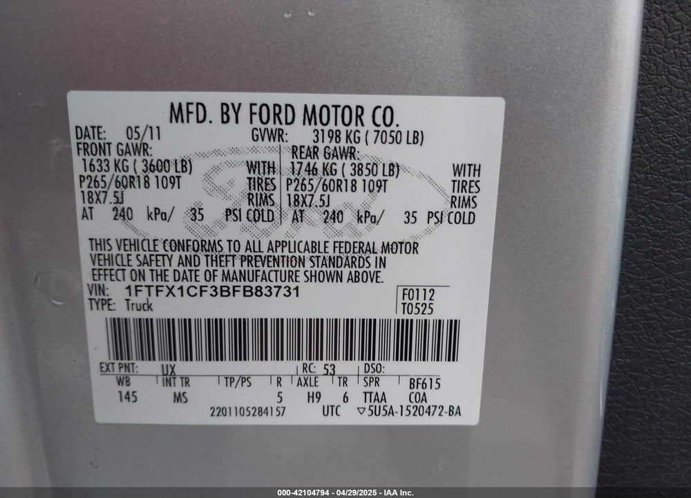 2011 FORD F-150 XLT VIN: 1FTFX1CF3BFB83731