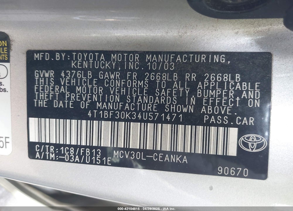 2004 TOYOTA CAMRY LE V6 VIN: 4T1BF30K34U571471