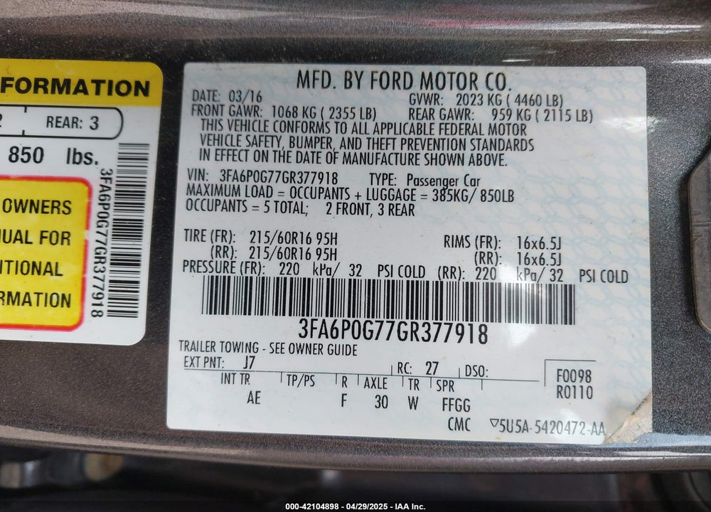 2016 FORD FUSION S VIN: 3FA6P0G77GR377918