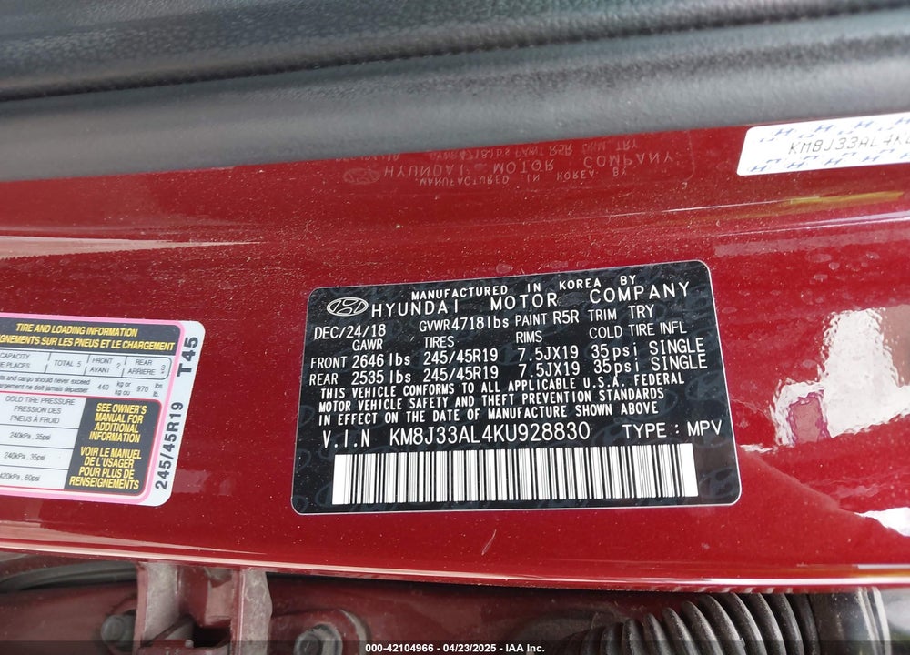 2019 HYUNDAI TUCSON VIN: KM8J33AL4KU928830