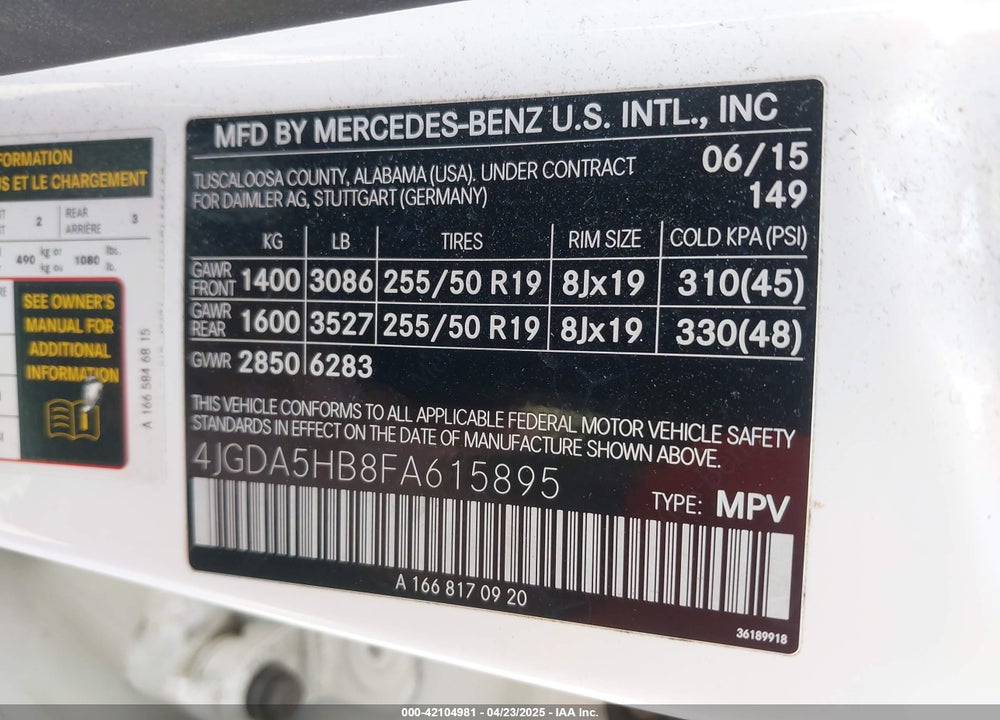 2015 MERCEDES-BENZ ML 350 4MATIC VIN: 4JGDA5HB8FA615895