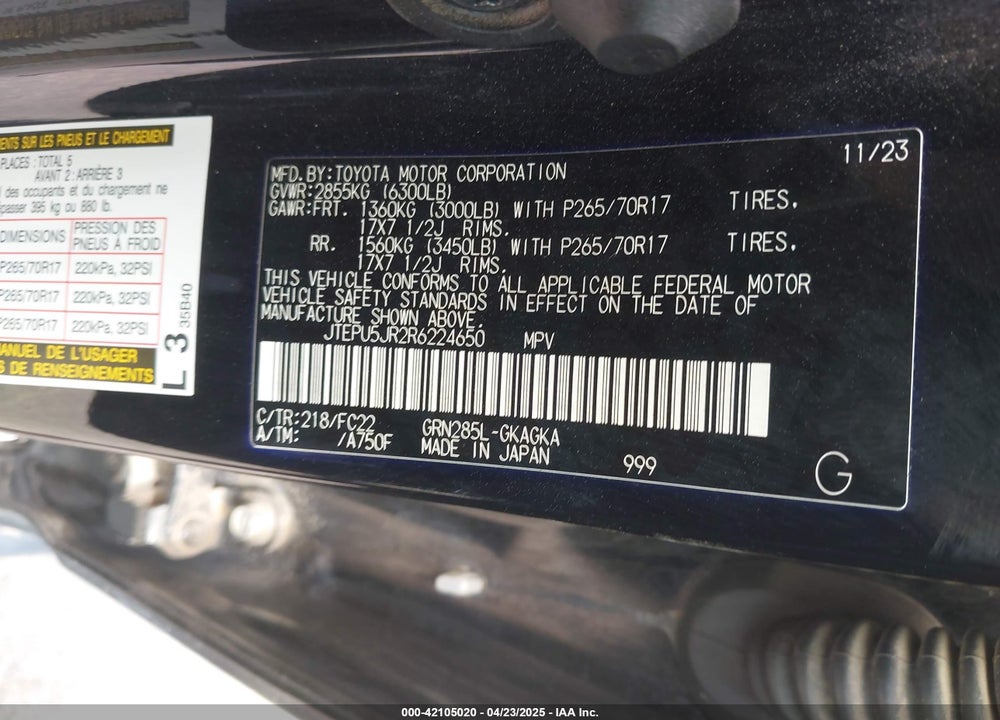 2024 TOYOTA 4RUNNER VIN: JTEPU5JR2R6224650