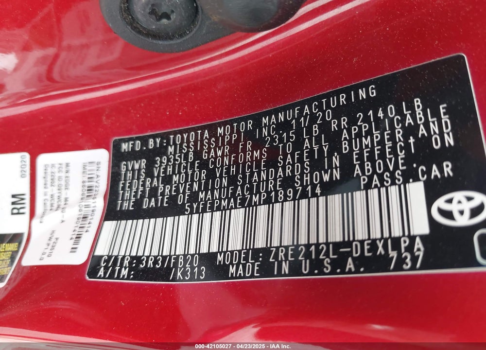 2021 TOYOTA COROLLA VIN: 5YFEPMAE7MP189714