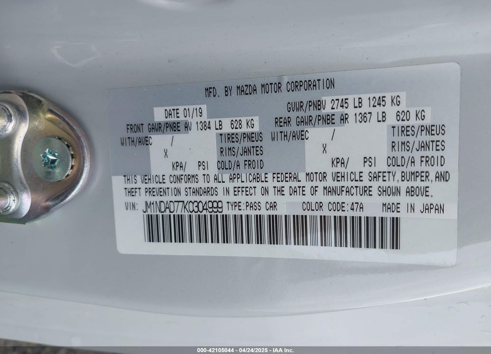 2019 MAZDA MX-5 MIATA VIN: JM1NDAD77K0304999