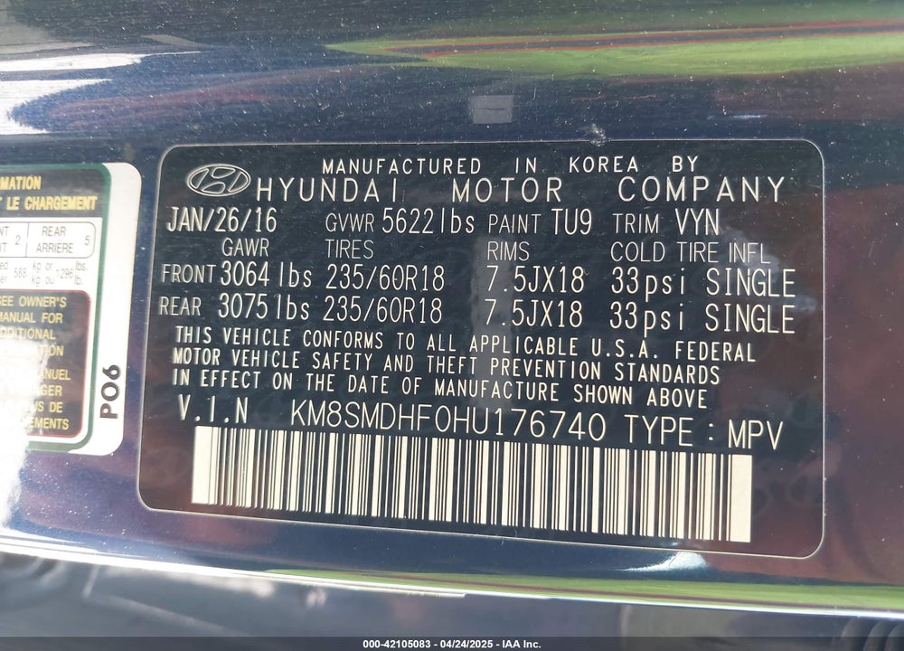 2017 HYUNDAI SANTA FE VIN: KM8SMDHF0HU176740