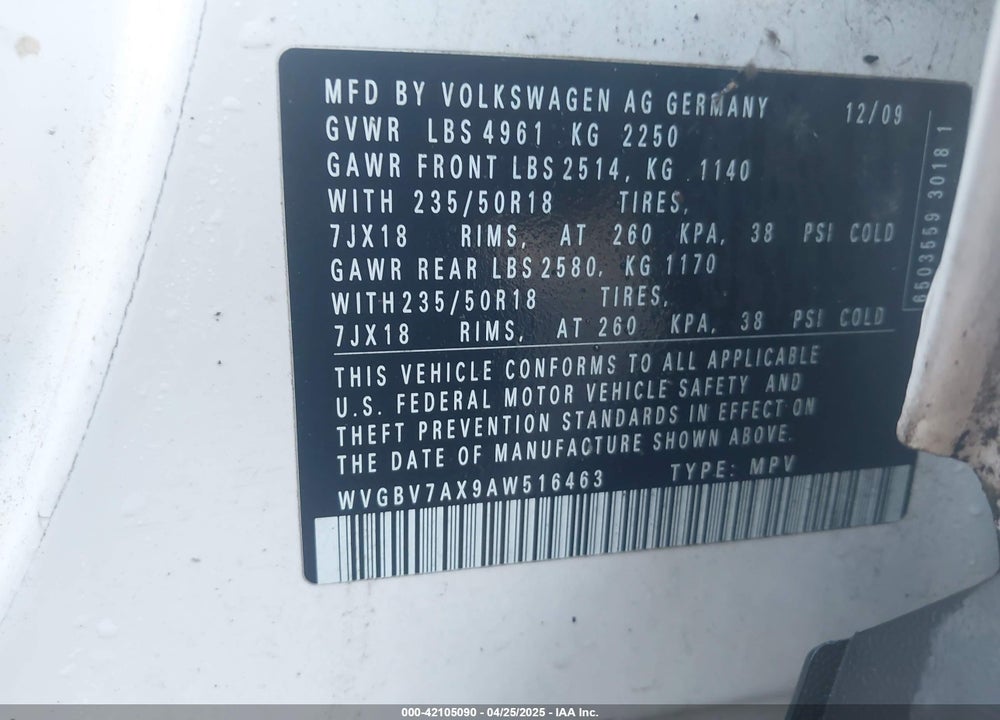 2010 VOLKSWAGEN TIGUAN VIN: WVGBV7AX9AW516463