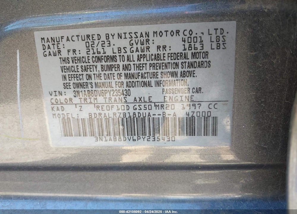 2023 NISSAN SENTRA VIN: 3N1AB8DV6PY235430