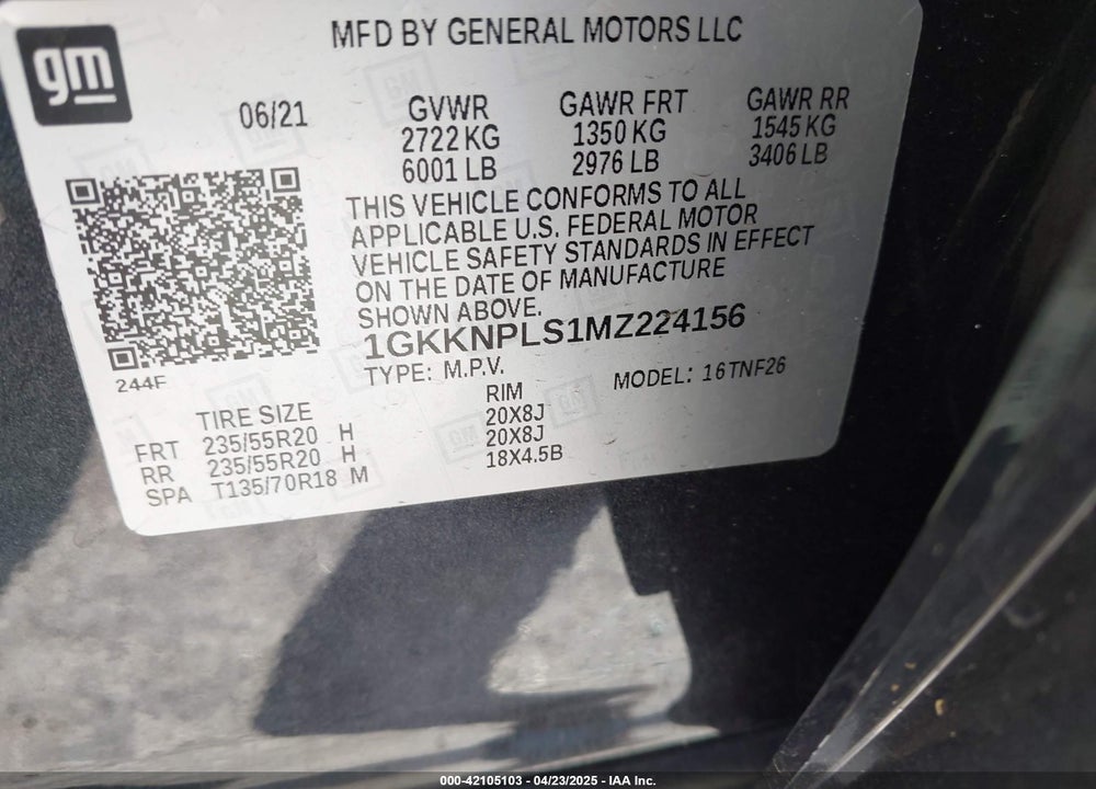 2021 GMC ACADIA VIN: 1GKKNPLS1MZ224156