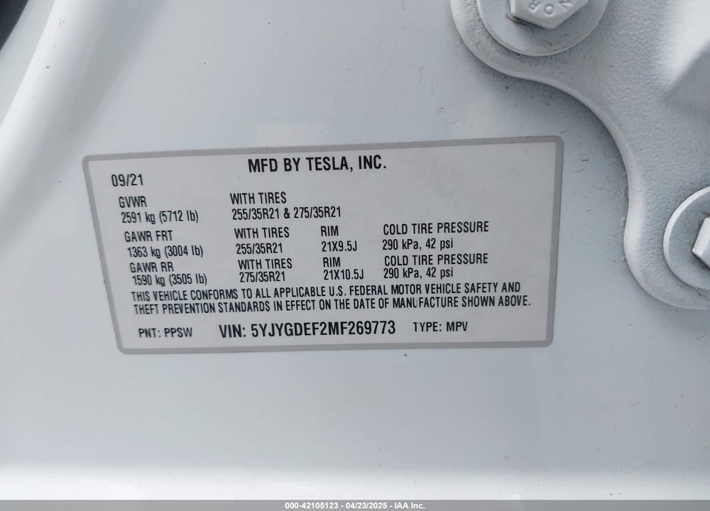 2021 TESLA MODEL Y PERFORMANCE DUAL MOTOR ALL-WHEEL DRIVE VIN: 5YJYGDEF2MF269773