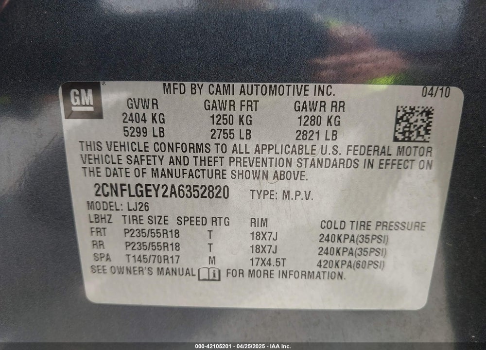 2010 CHEVROLET EQUINOX LTZ VIN: 2CNFLGEY2A6352820