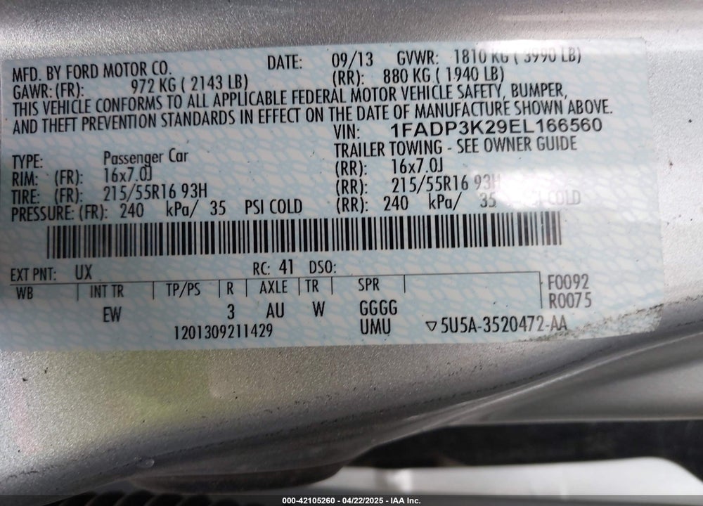 2014 FORD FOCUS VIN: 1FADP3K29EL166560