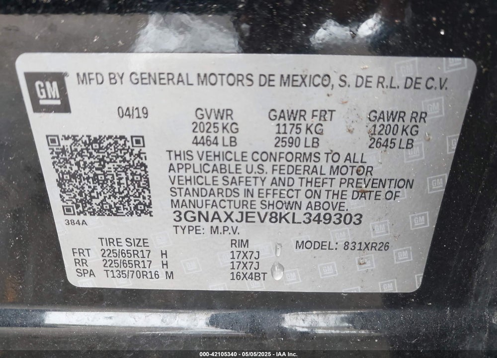 2019 CHEVROLET EQUINOX VIN: 3GNAXJEV8KL349303