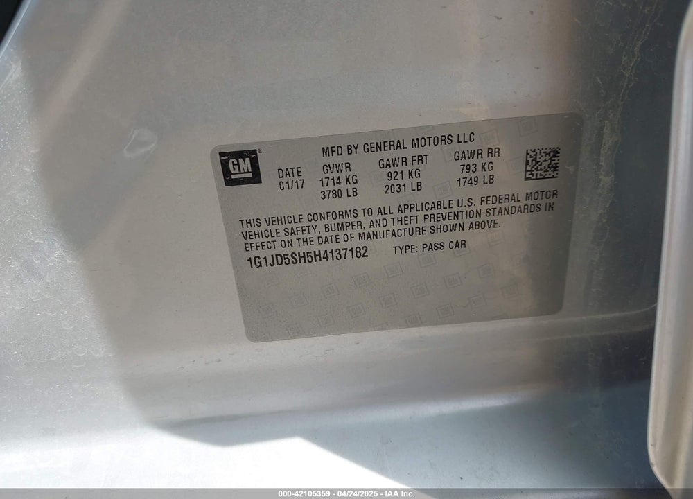 2017 CHEVROLET SONIC LT AUTO VIN: 1G1JD5SH5H4137182