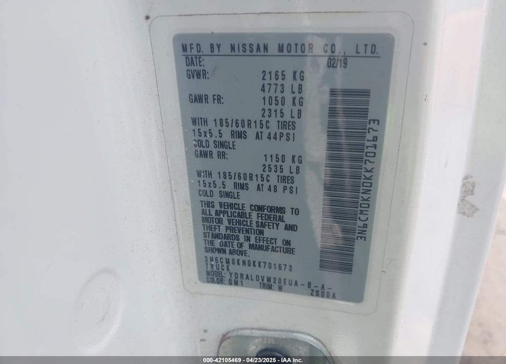 2019 NISSAN NV200 S VIN: 3N6CM0KN0KK701673