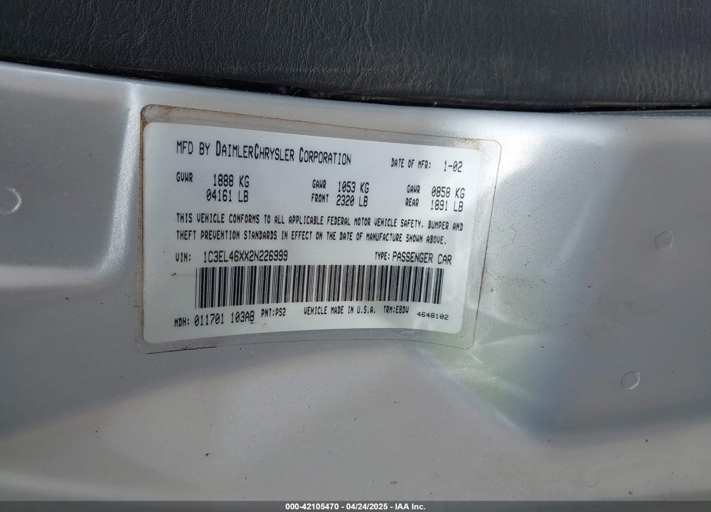 2002 CHRYSLER SEBRING LX/LX PLUS VIN: 1C3EL46XX2N226999
