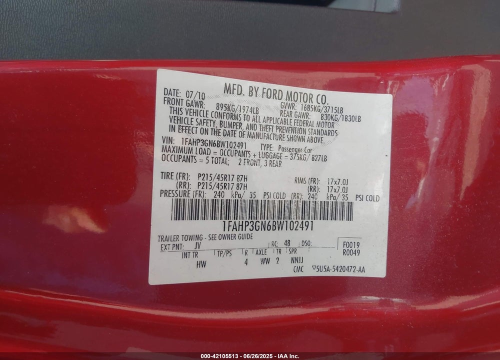 2011 FORD FOCUS VIN: 1FAHP3GN6BW102491