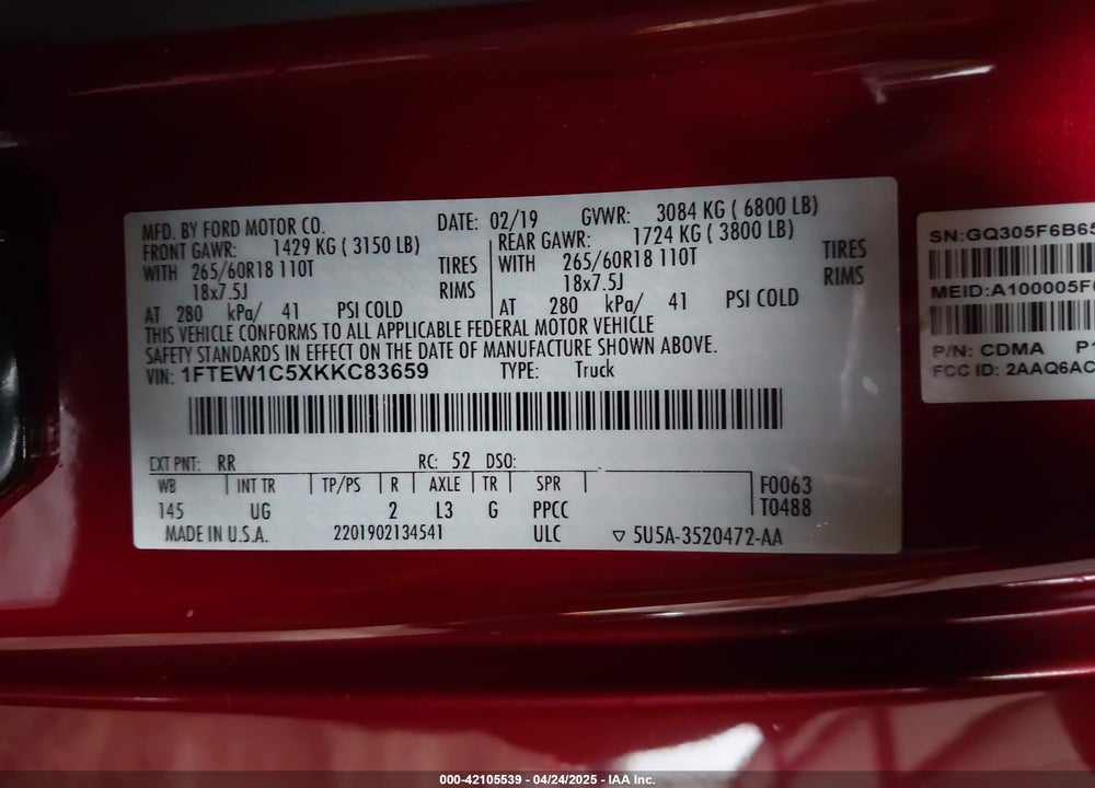 2019 FORD F150 VIN: 1FTEW1C5XKKC83659