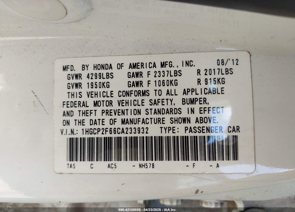 2012 HONDA ACCORD VIN: 1HGCP2F66CA233932