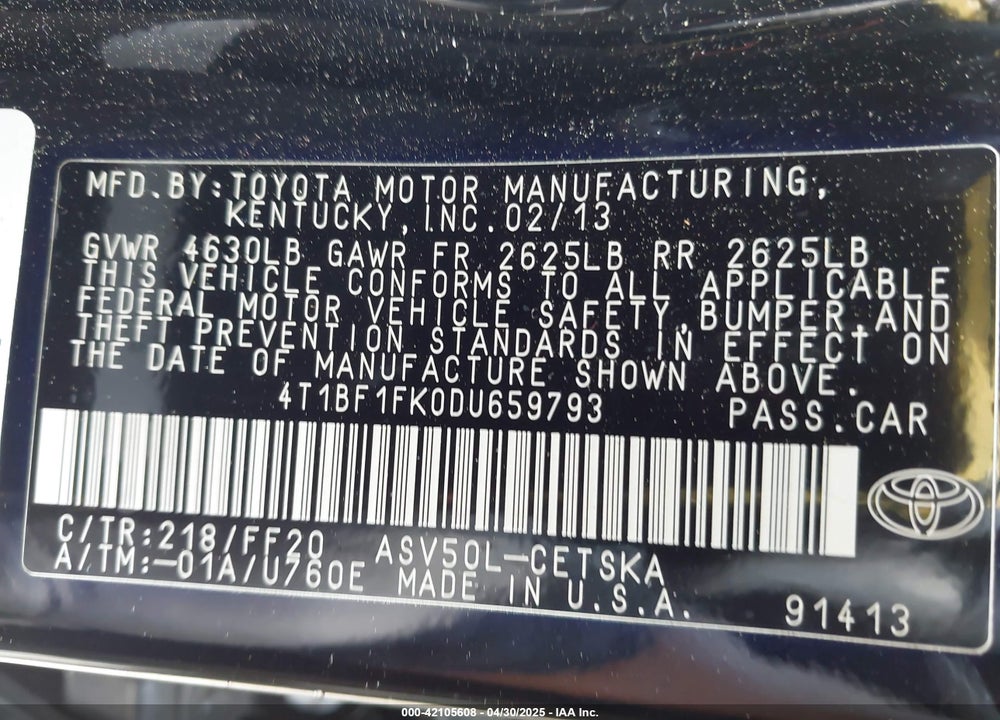 2013 TOYOTA CAMRY VIN: 4T1BF1FK0DU659793