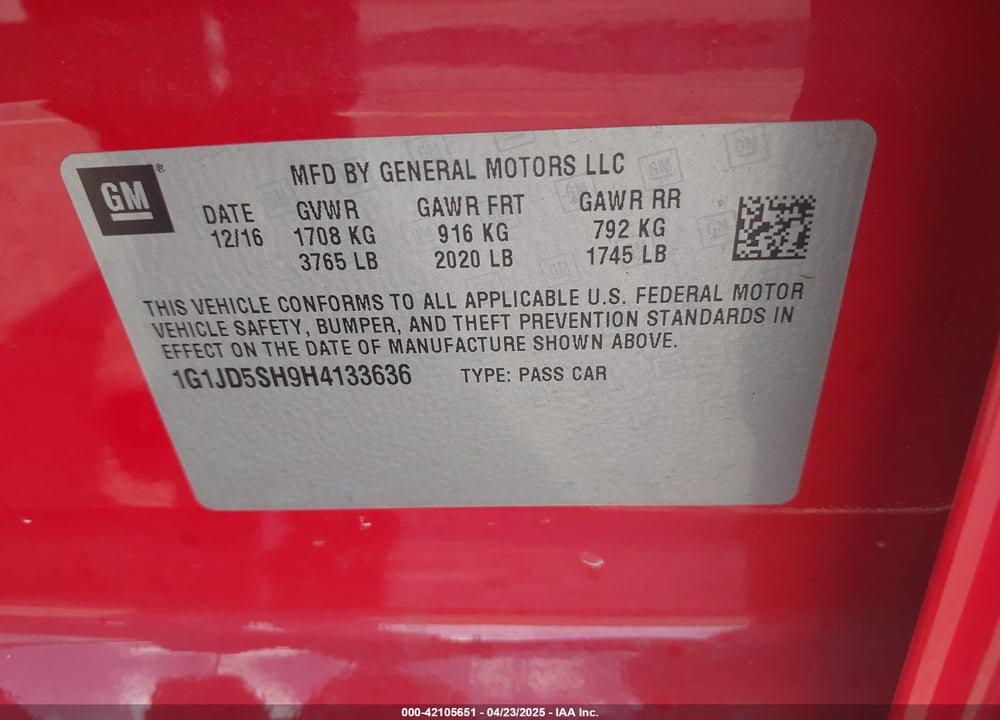 2017 CHEVROLET SONIC VIN: 1G1JD5SH9H4133636