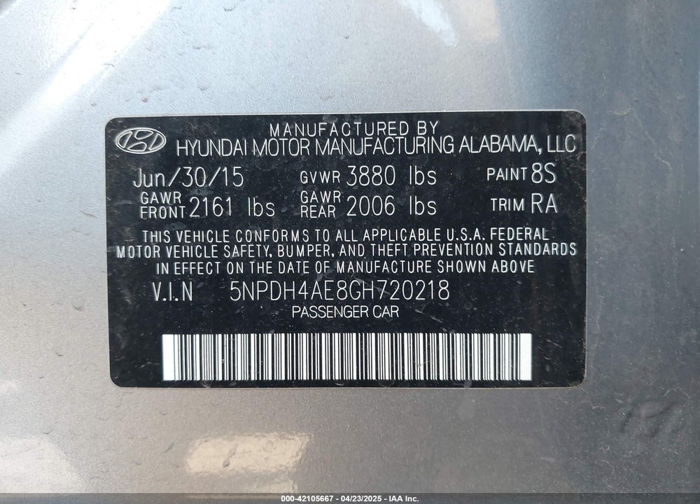 2016 HYUNDAI ELANTRA VIN: 5NPDH4AE8GH720218