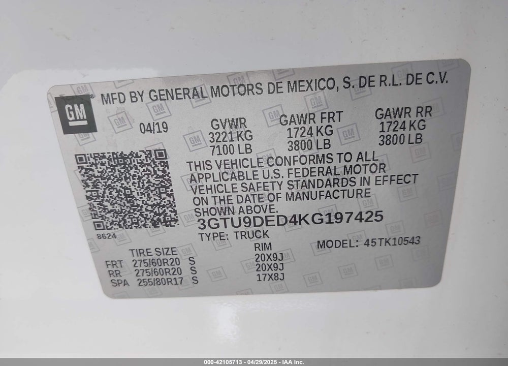 2019 GMC SIERRA 1500 SLT VIN: 3GTU9DED4KG197425