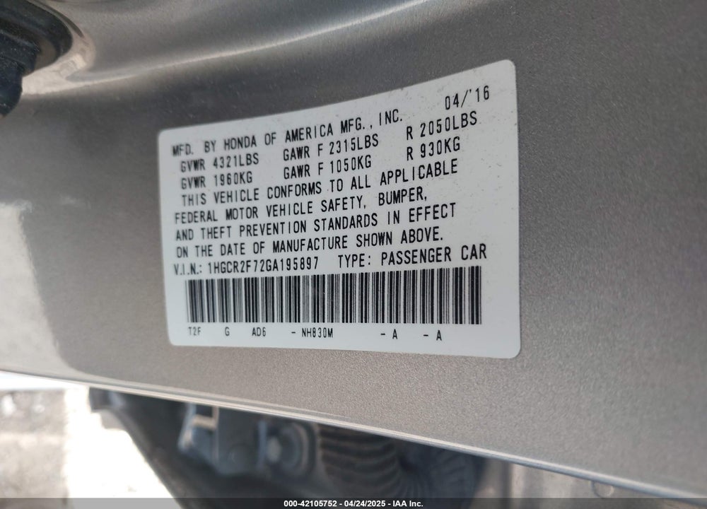 2016 HONDA ACCORD VIN: 1HGCR2F72GA195897