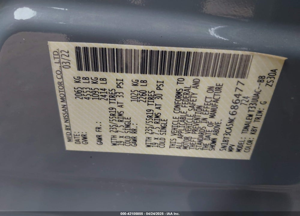 2022 NISSAN ROGUE VIN: 5N1BT3CA5NC686477