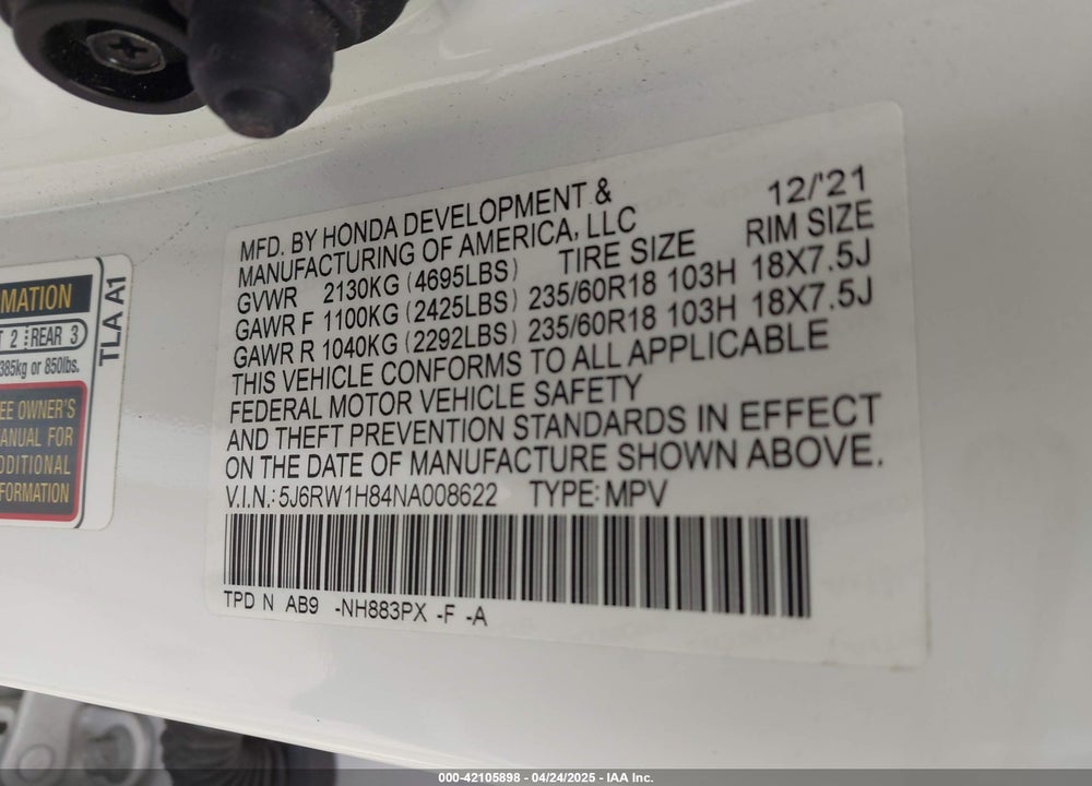 2022 HONDA CR-V VIN: 5J6RW1H84NA008622