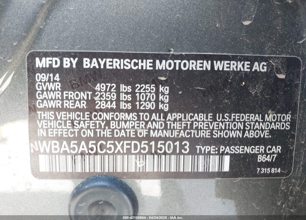 2015 BMW 5 SERIES VIN: WBA5A5C5XFD515013