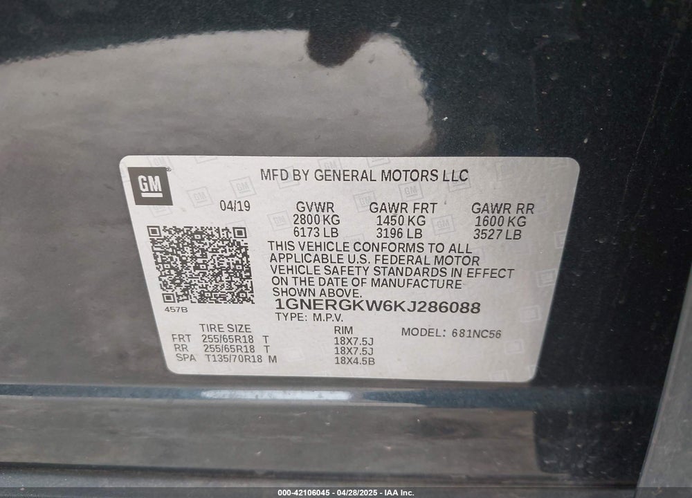 2019 CHEVROLET TRAVERSE VIN: 1GNERGKW6KJ286088