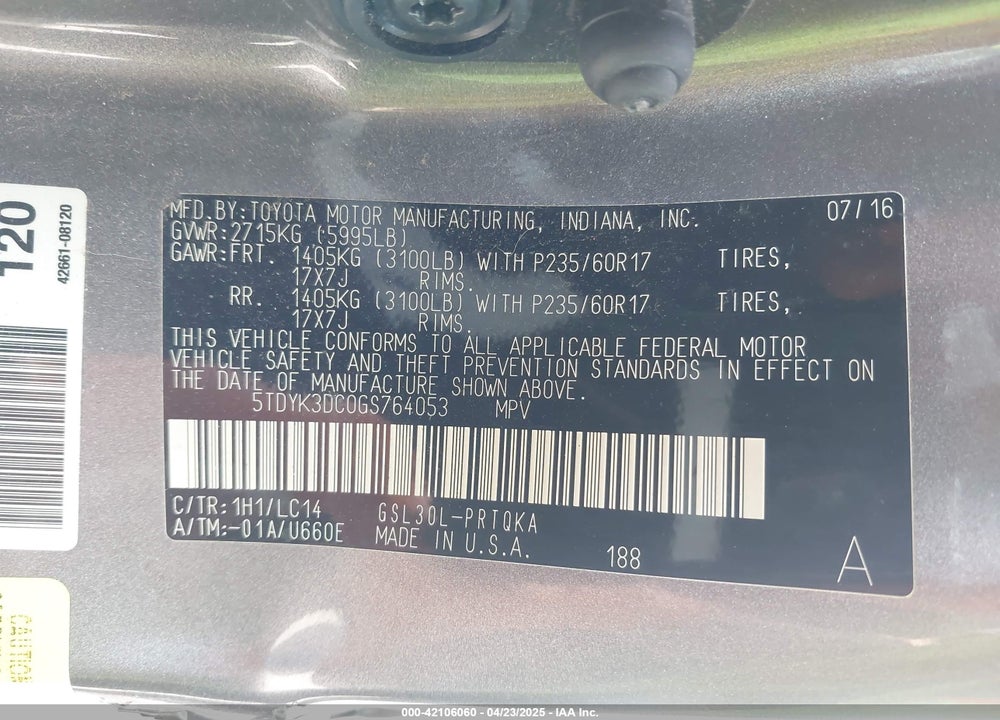 2016 TOYOTA SIENNA XLE 8 PASSENGER VIN: 5TDYK3DC0GS764053