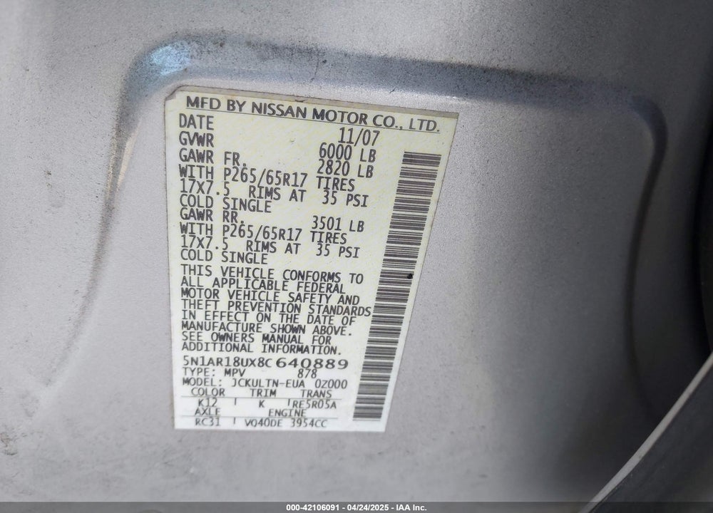 2008 NISSAN PATHFINDER SE VIN: 5N1AR18UX8C640889